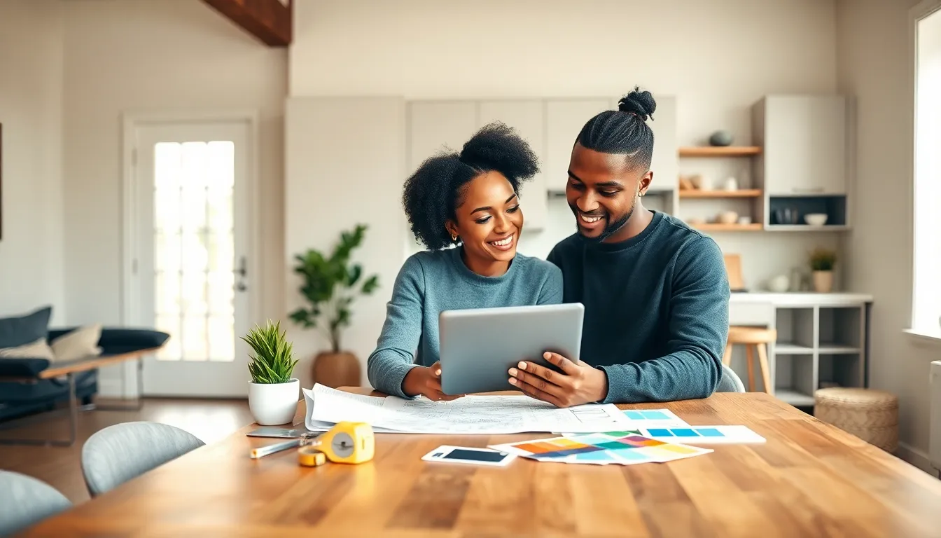 couple discussing budget home renovation ideas in a stylish kitchen.