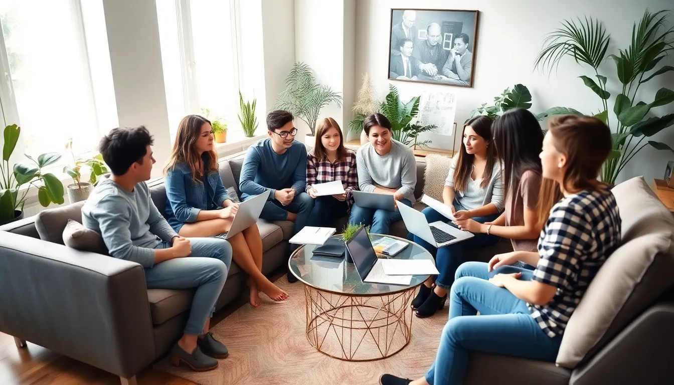 diverse young adults discussing rental agreements in a modern living space.