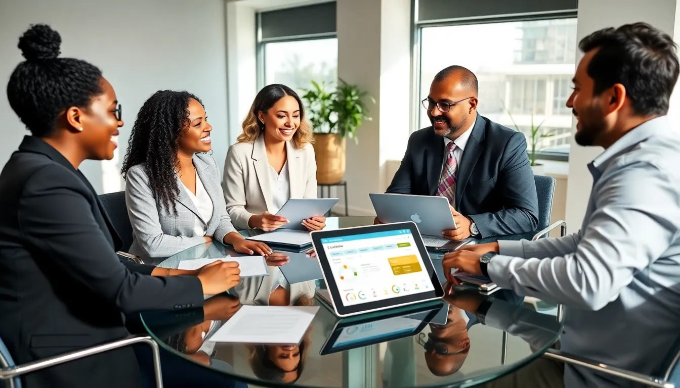 professionals collaborating in an office about real estate escrow transactions.