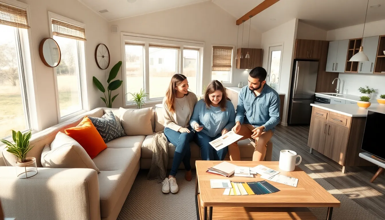 modern mobile home interior showcasing renovation ideas with diverse individuals discussing design.