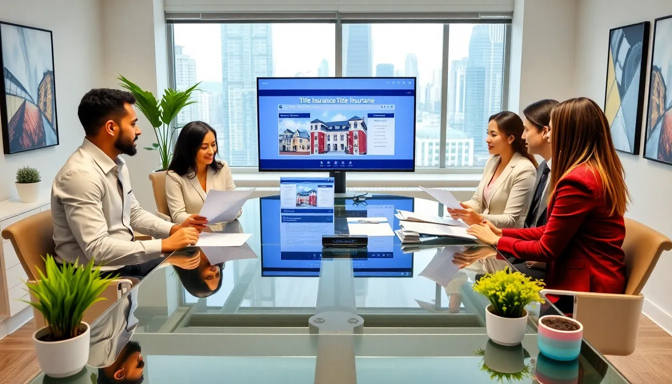real estate professionals discussing title insurance in a modern office.