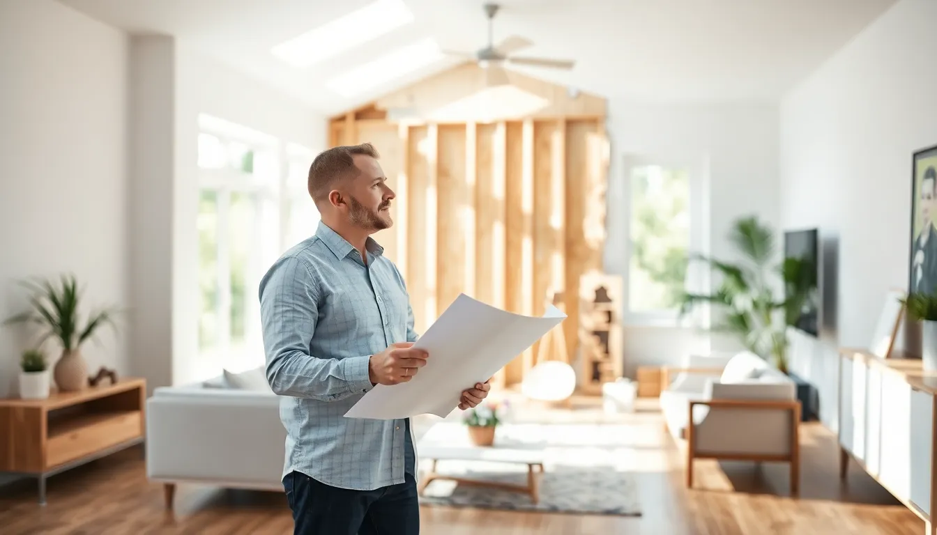 consultant evaluating a renovation project in a modern living room.