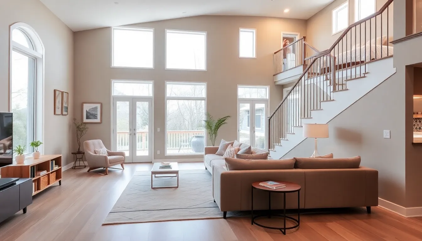 modern split-level home interior with distinct living areas and natural light.