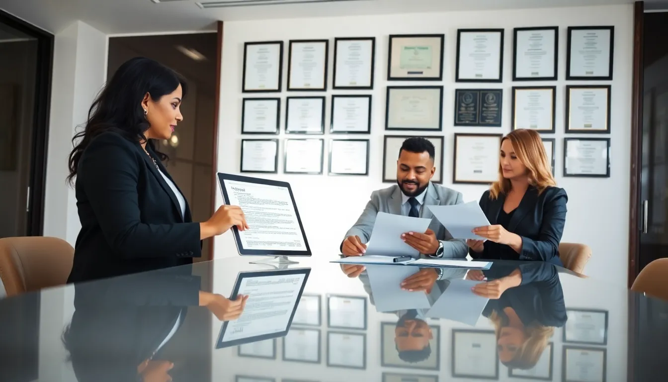 diverse professionals collaborating in a modern title and escrow office.