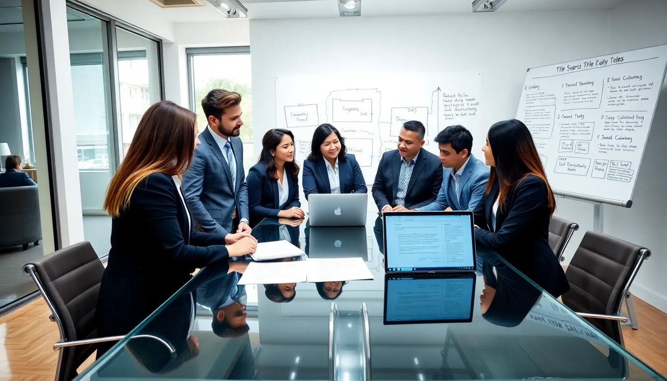 professionals discussing title and escrow in a modern office.