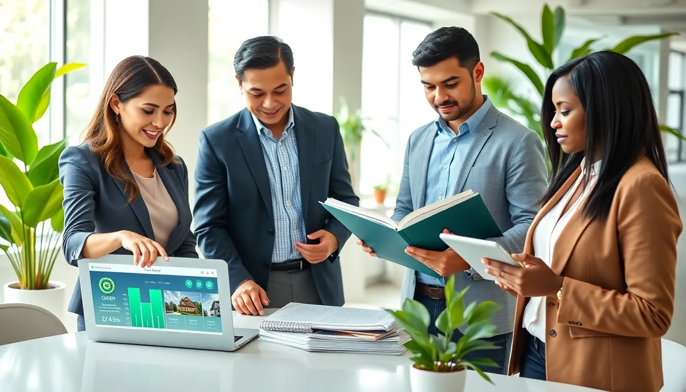diverse team discussing eco-friendly title and escrow services in an office.