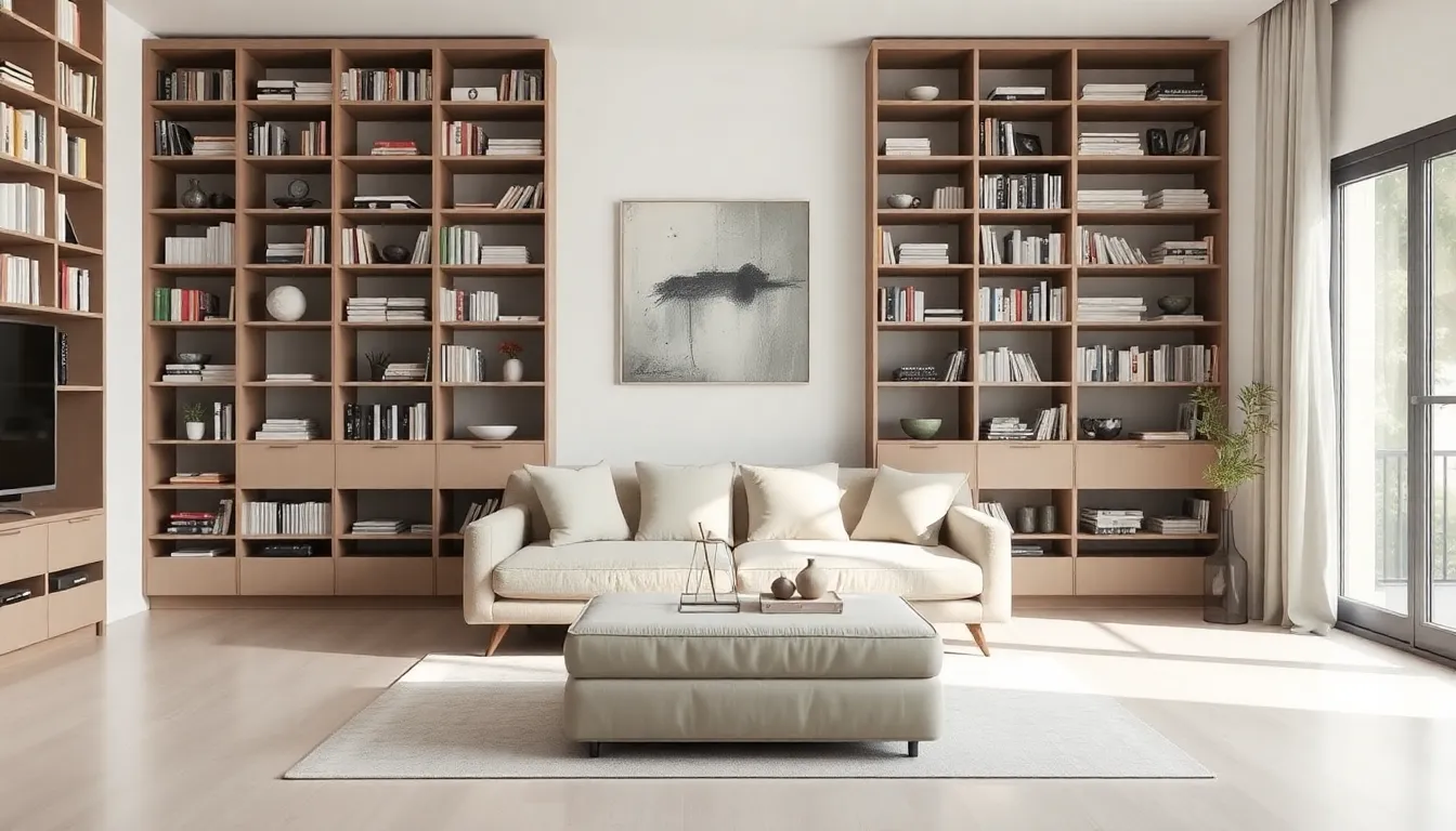 modern living room with vertical storage and multi-functional furniture.